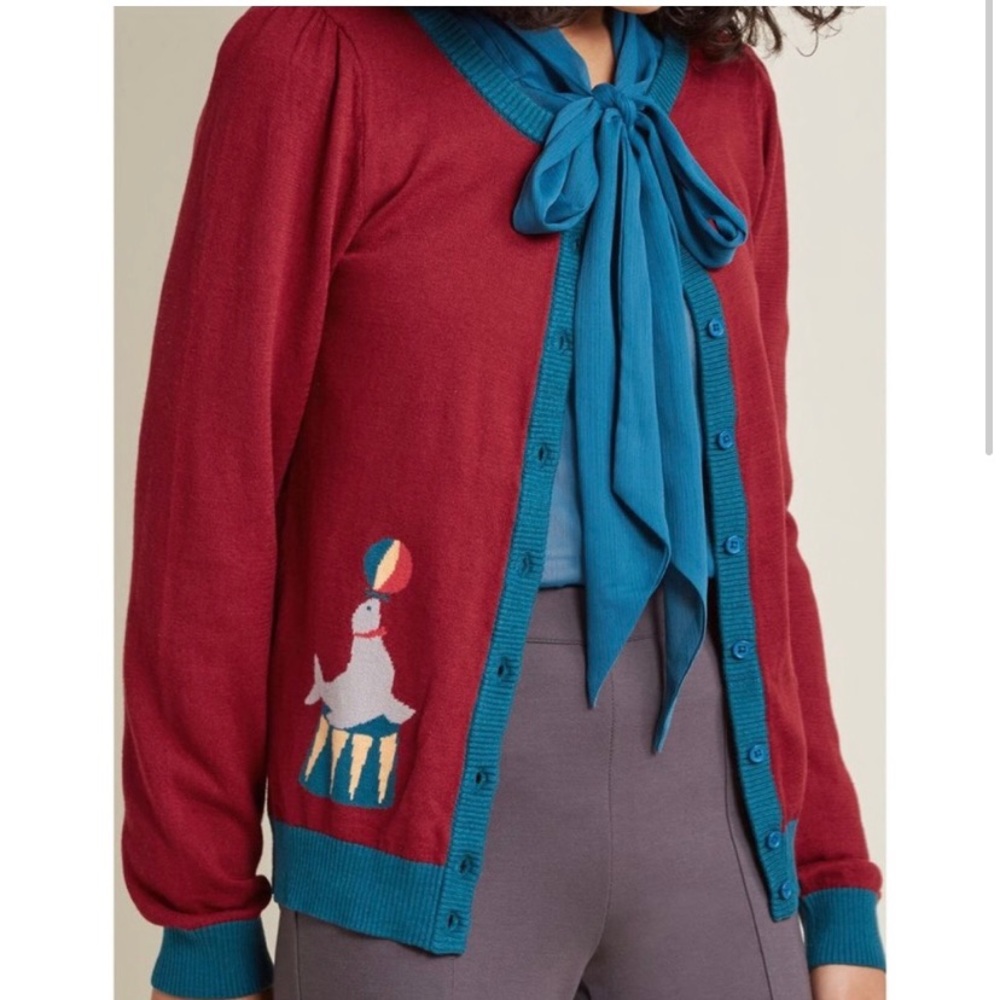 Modcloth Red and Blue Cardigan with Circus Design